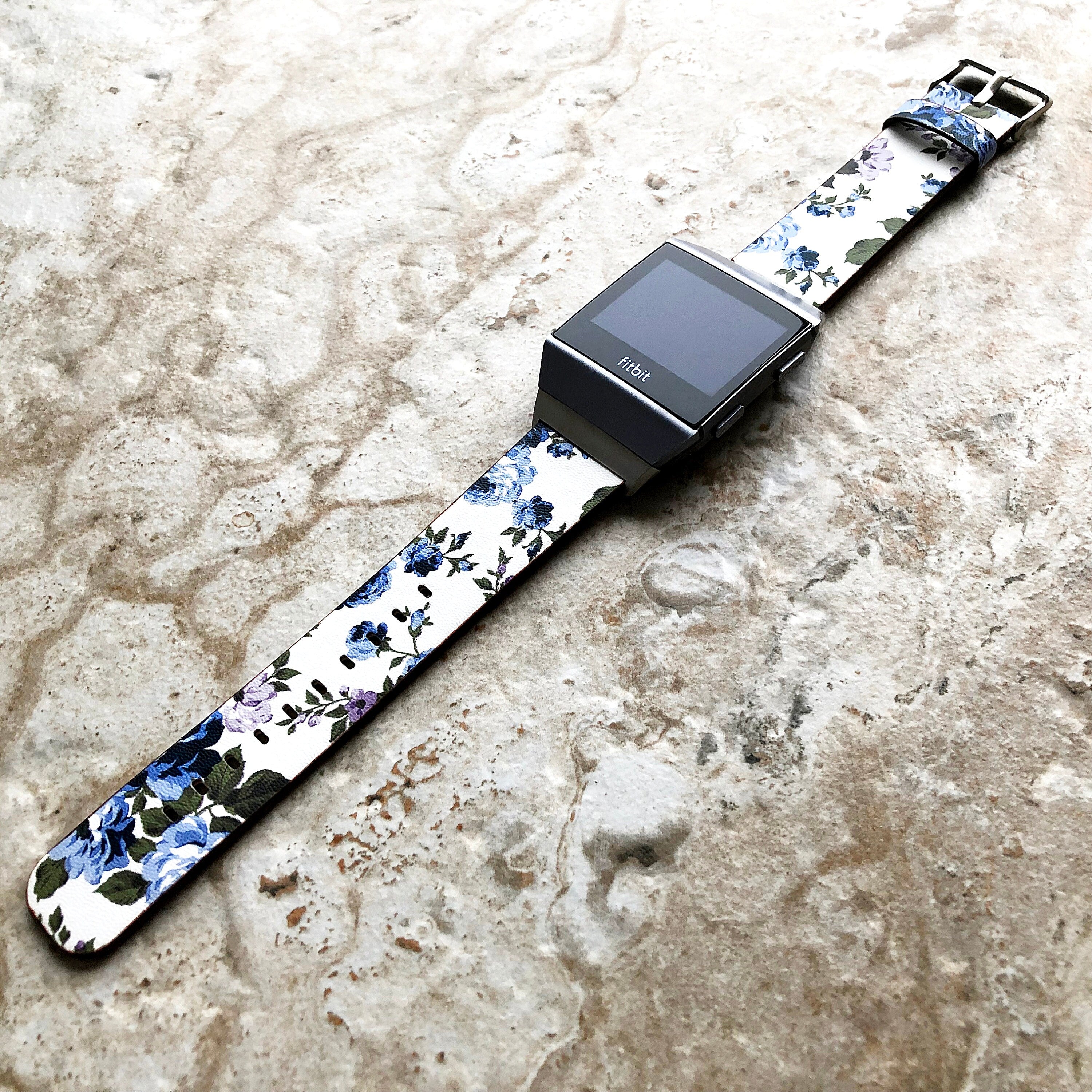 Fitbit Ionic Blue Floral FL-2 Soft Leather Band Strap for Watch Band Strap with Quick Release Adapters in Silver Rose Gold Black